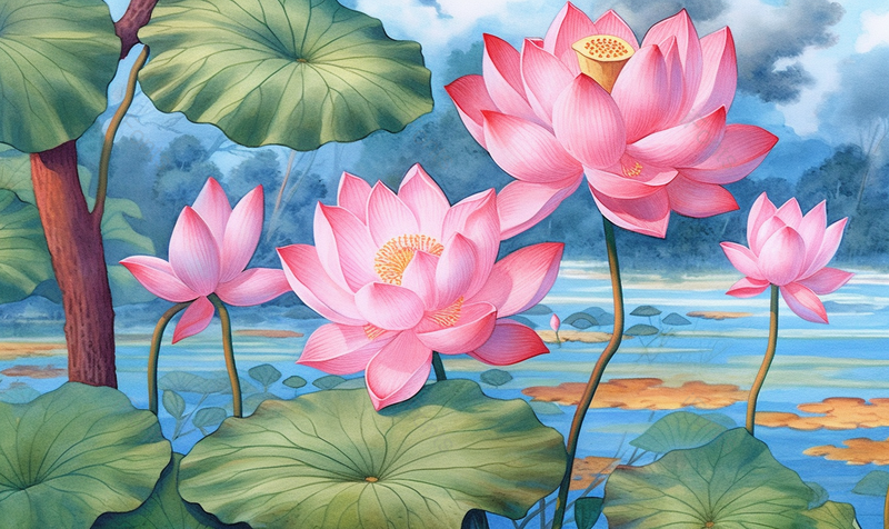 古典绿色的盛夏池塘里的荷叶和盛开的荷花背景,插画/手绘图,插画/手绘图库,插画/手绘图下载,插画/手绘